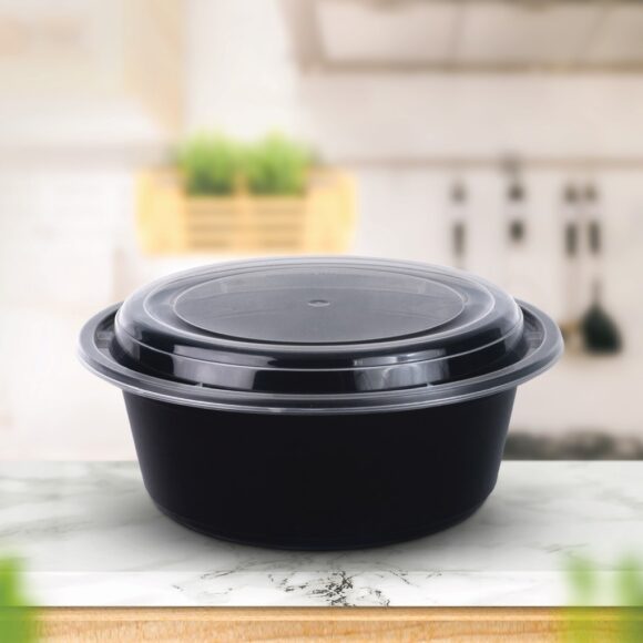 BLACK BASE MICROWAVE CONTAINER WITH CLEAR LID- PWMW1305| 48 OZ, ROUND SHAPED, PACK OF 150 - Image 3