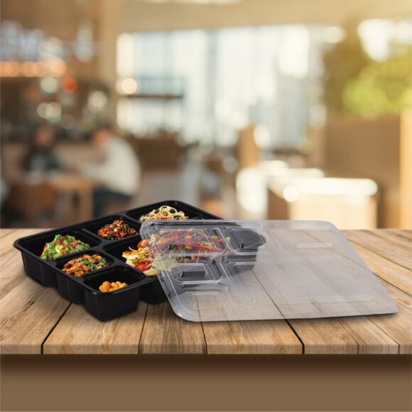 BLACK BASE MICROWAVE CONTAINER WITH CLEAR LID WITH 6 COMPARTMENTS - Image 3