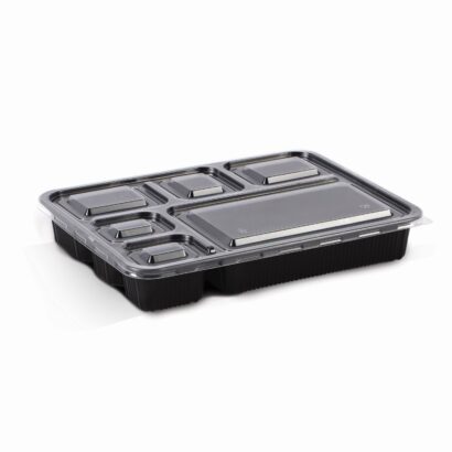 BLACK BASE MICROWAVE CONTAINER WITH CLEAR LID WITH 6 COMPARTMENTS