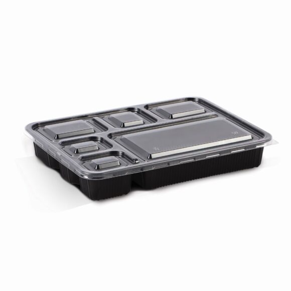 BLACK BASE MICROWAVE CONTAINER WITH CLEAR LID WITH 6 COMPARTMENTS