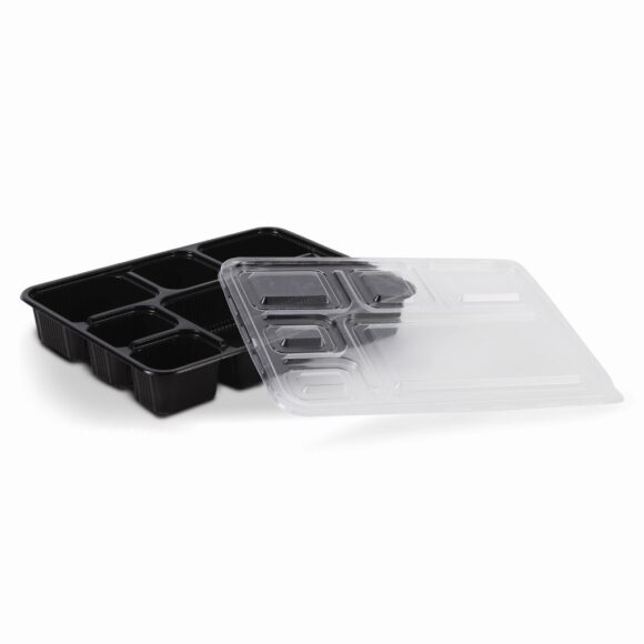 BLACK BASE MICROWAVE CONTAINER WITH CLEAR LID WITH 6 COMPARTMENTS - Image 2