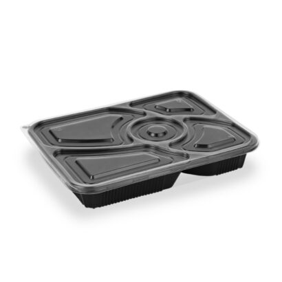 BLACK BASE MICROWAVE CONTAINER WITH CLEAR LID WITH 5 COMPARTMENTS